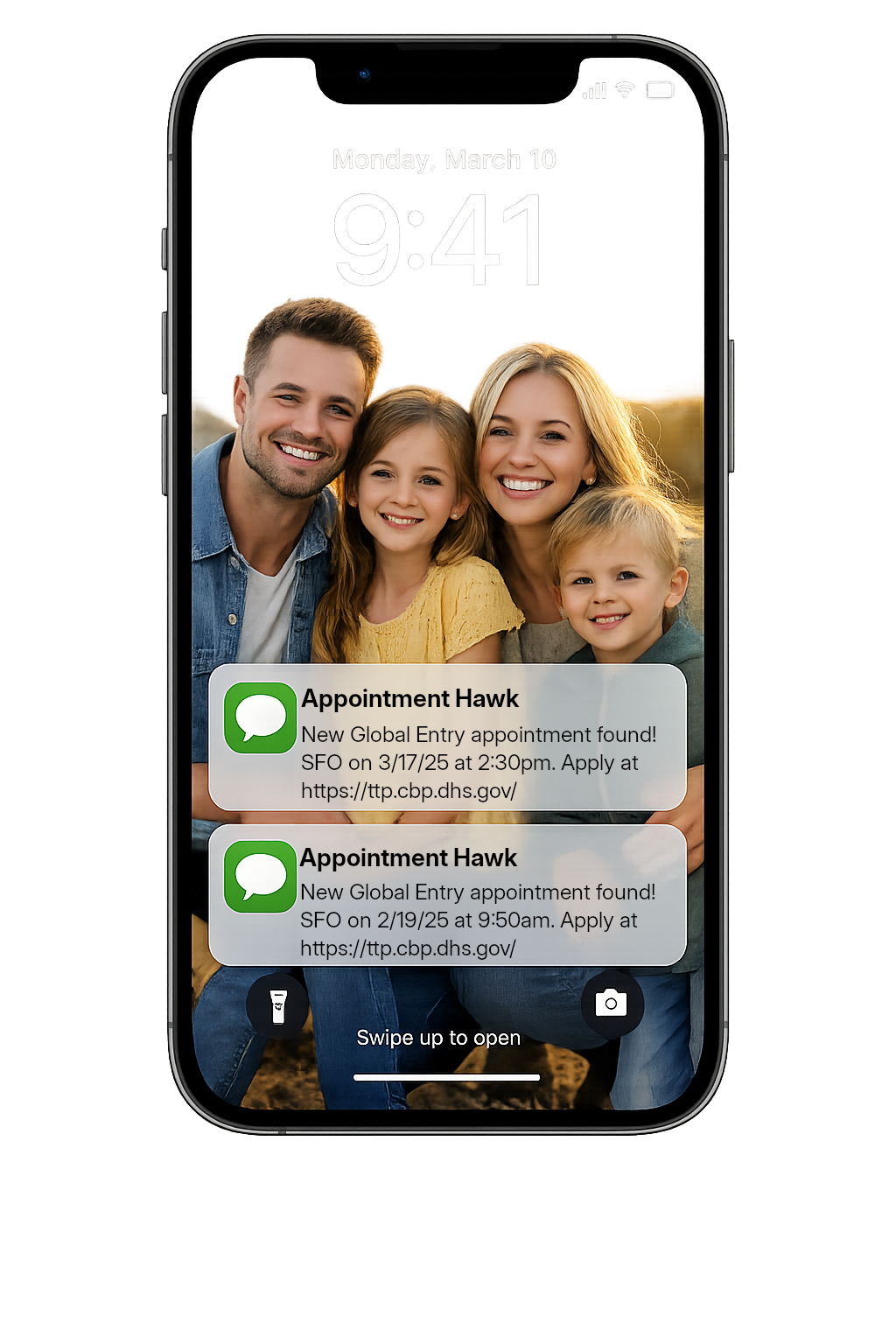 AppointmentHawk SMS alert shown on a smartphone
